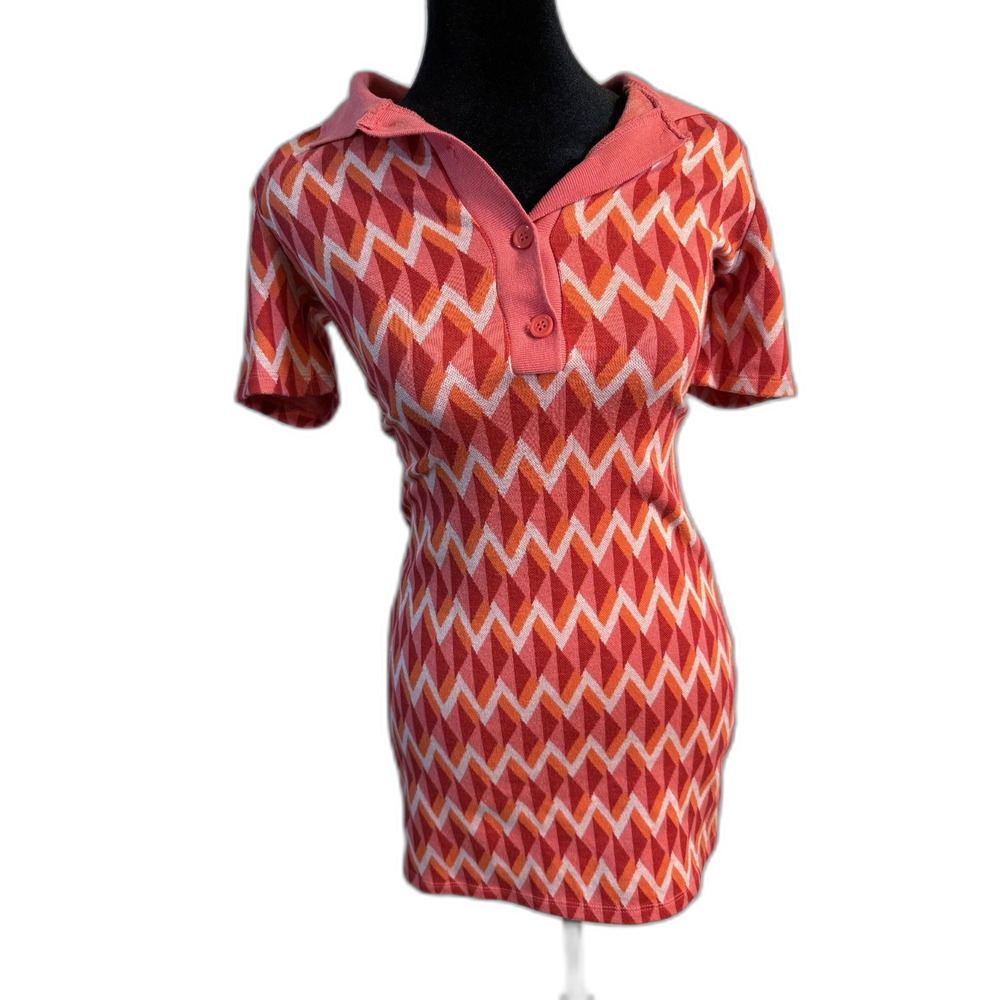 Pink & Orange Geometric Knit Polo Mini Dress — Chevron Print